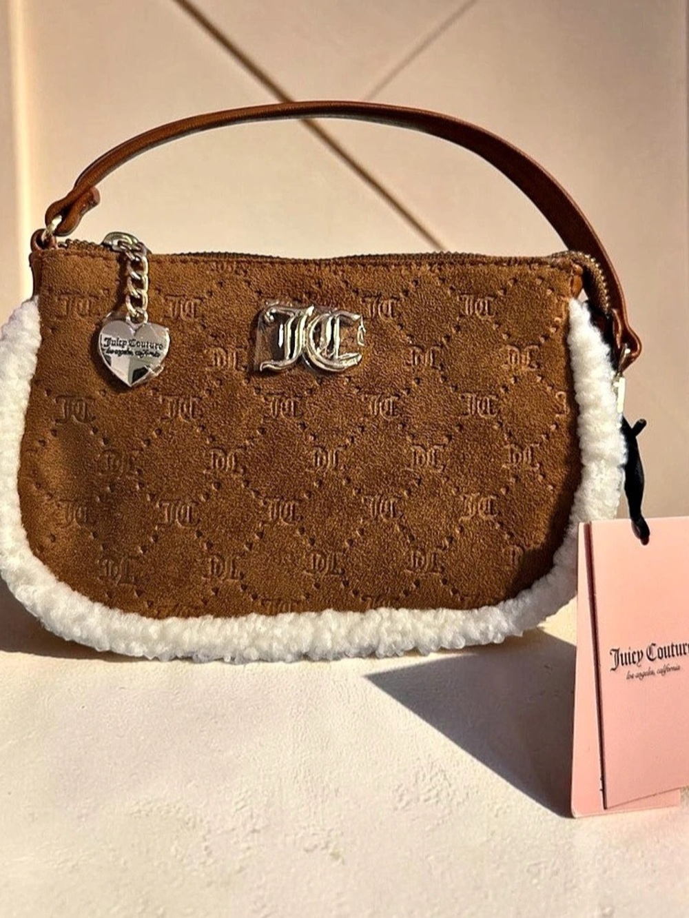 Juicy Couture Cozy Crew Convertible Wristlet Mini Bag Brown & White